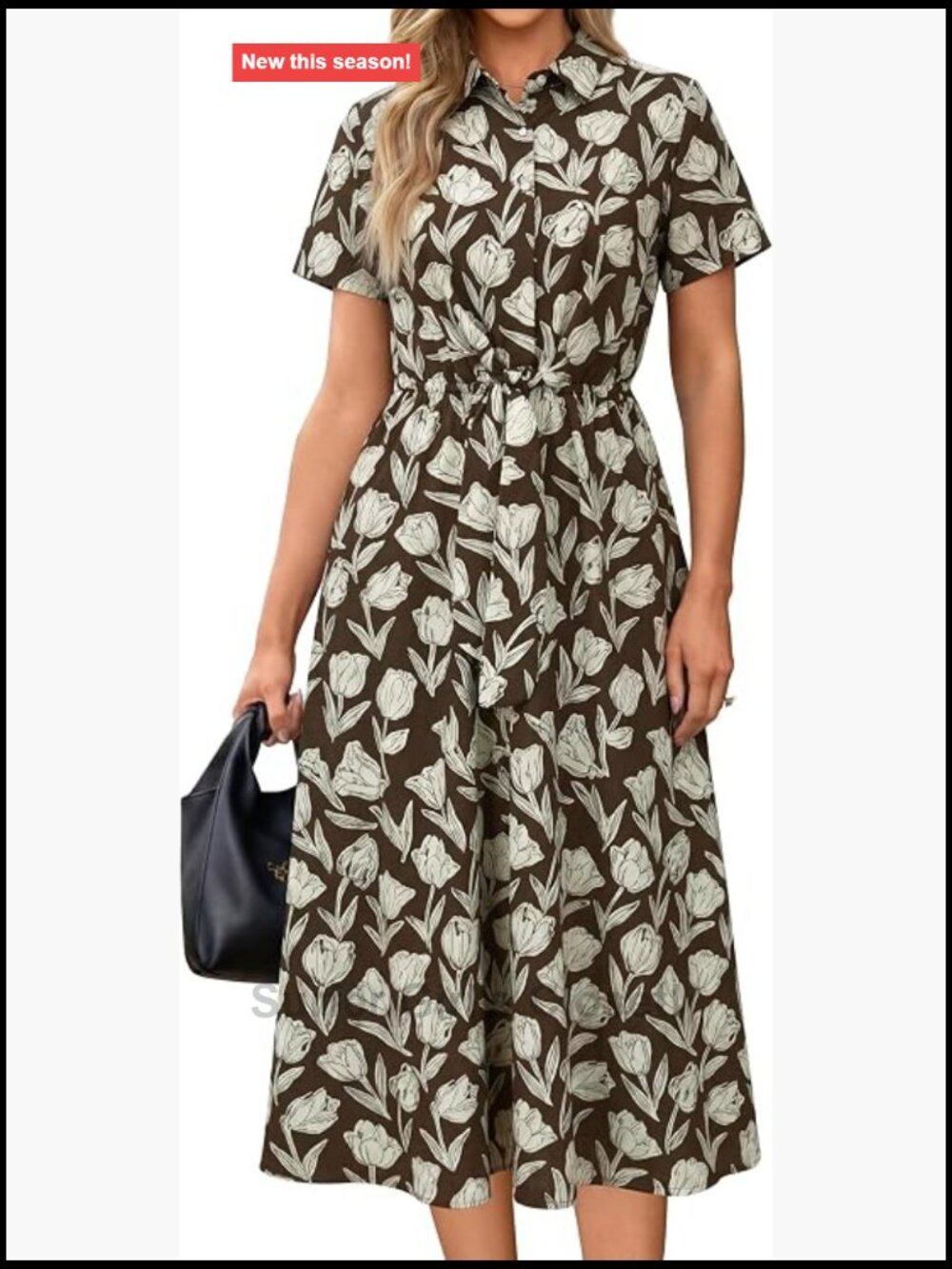 Women's Work Business Casual Tie Waist Midi Shirt Dress, Lightweight Polyester - Picture 1 of 6
